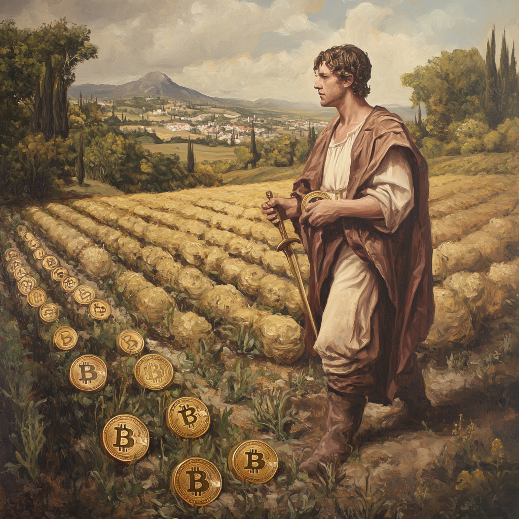 Futuristic farmer grows digital coins in Renaissance painting.