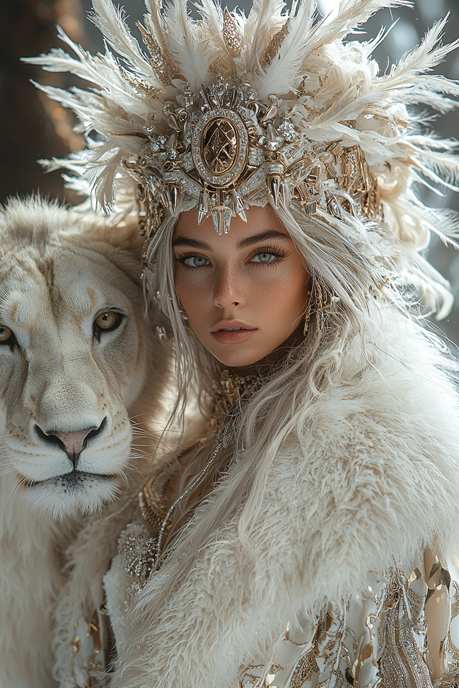 Futuristic fashion model with lion in high resolution photo.