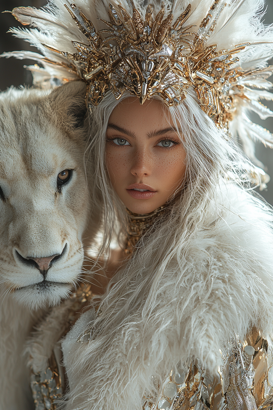 Futuristic fashion model with white lion, high resolution.