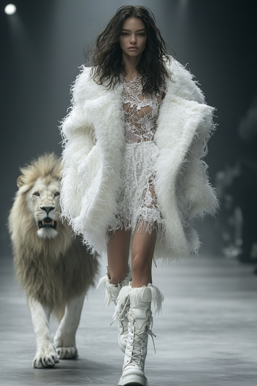 Futuristic fashion show featuring amazonian warrior model with lion.