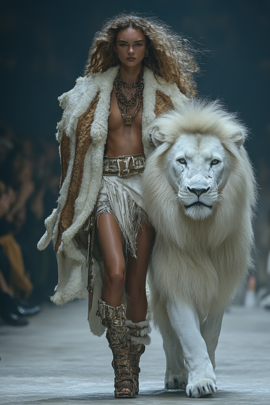 Futuristic fashion show with warrior model and lion.