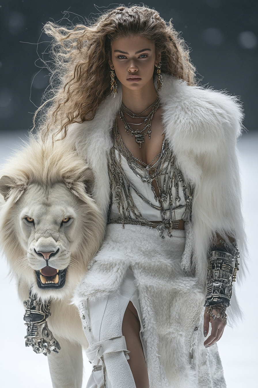 Futuristic fashion week with amazonian warrior and white lion.