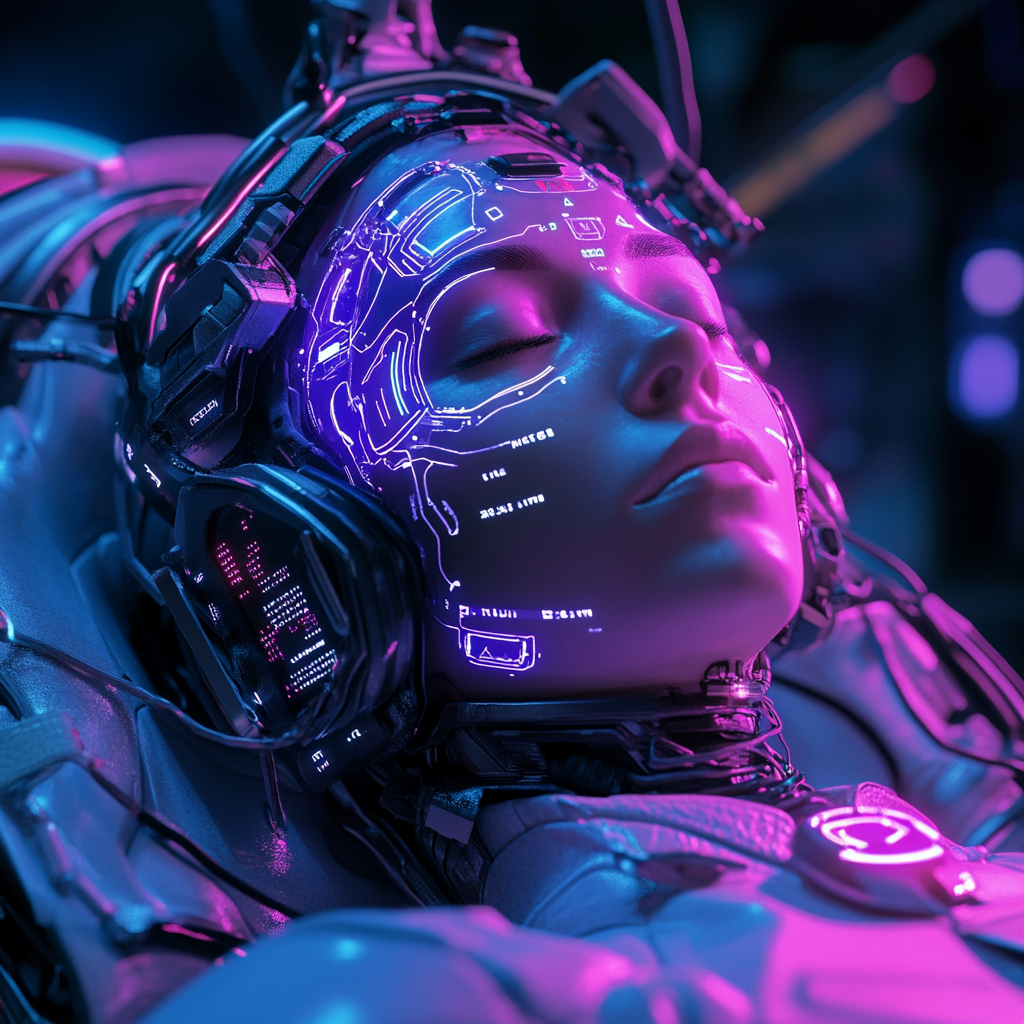 Futuristic female cyborg sleeping in sci-fi pod.