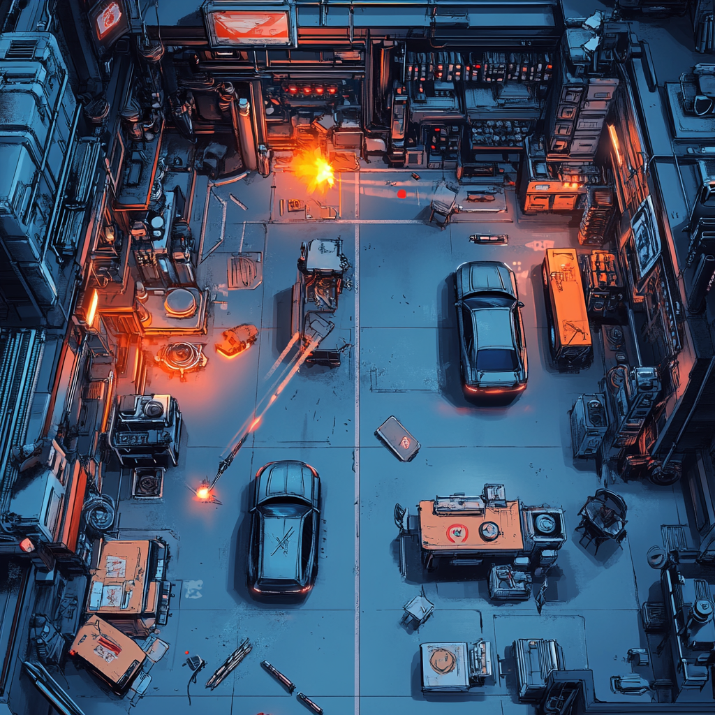 Futuristic garage with vehicles, characters, bullets, dynamic lighting.