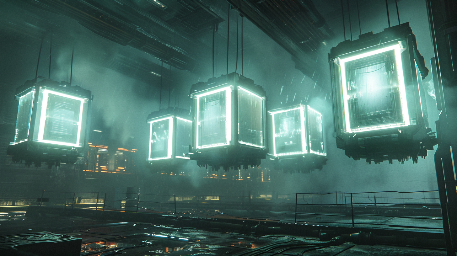 Futuristic glowing frames made of neon lasers in wasteland.