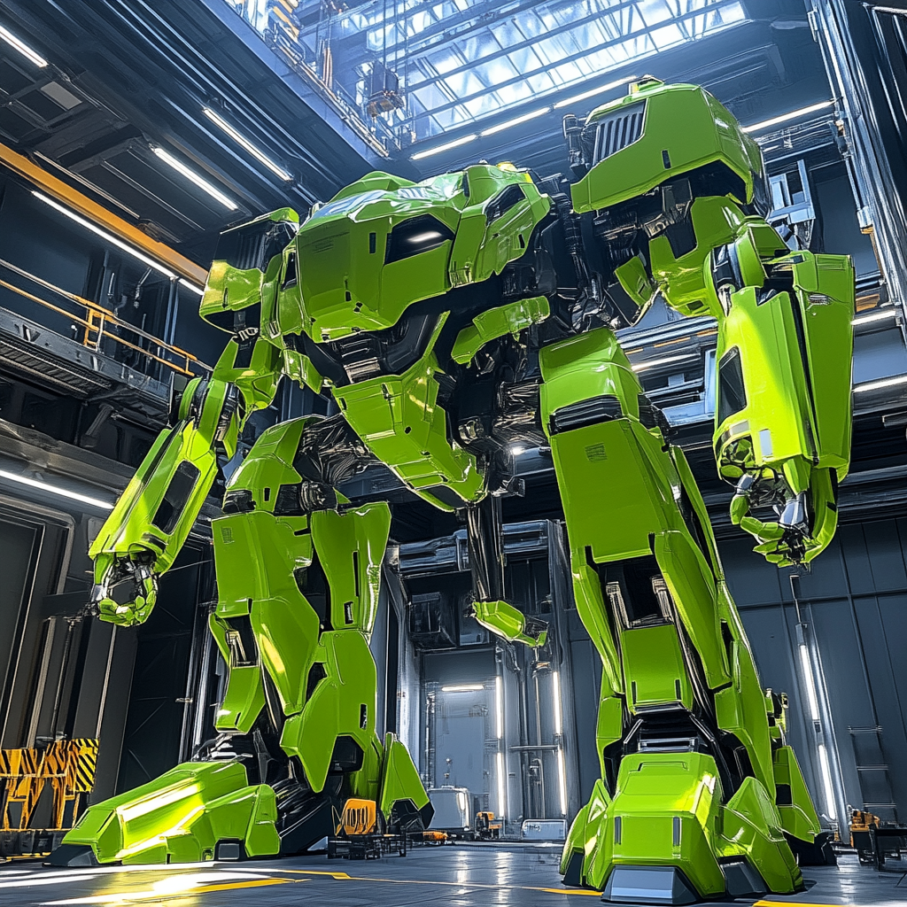 Futuristic green mech dinosaur prepared for launch