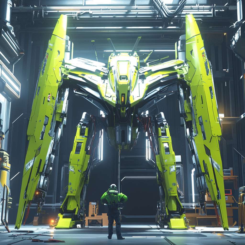 Futuristic green mech getting ready for launch