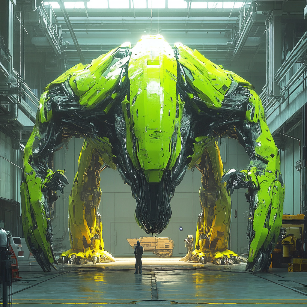 Futuristic green mech with dinosaur head launching