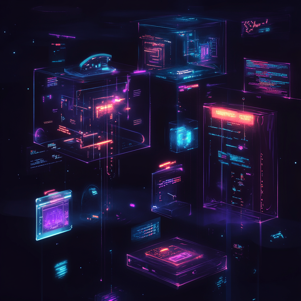 Futuristic holographic icons of programming languages in black environment