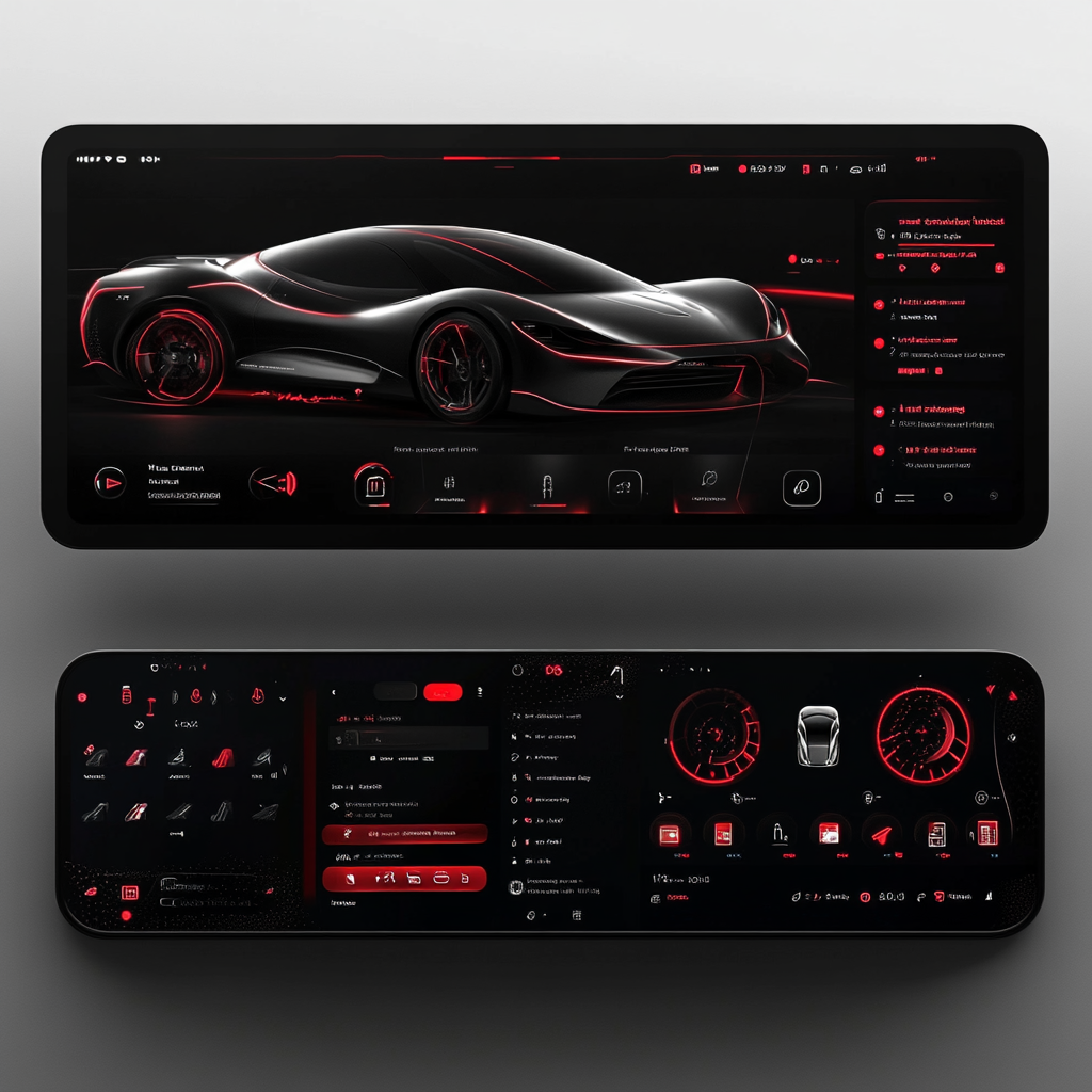 Futuristic interface for sports car brand in red, black.