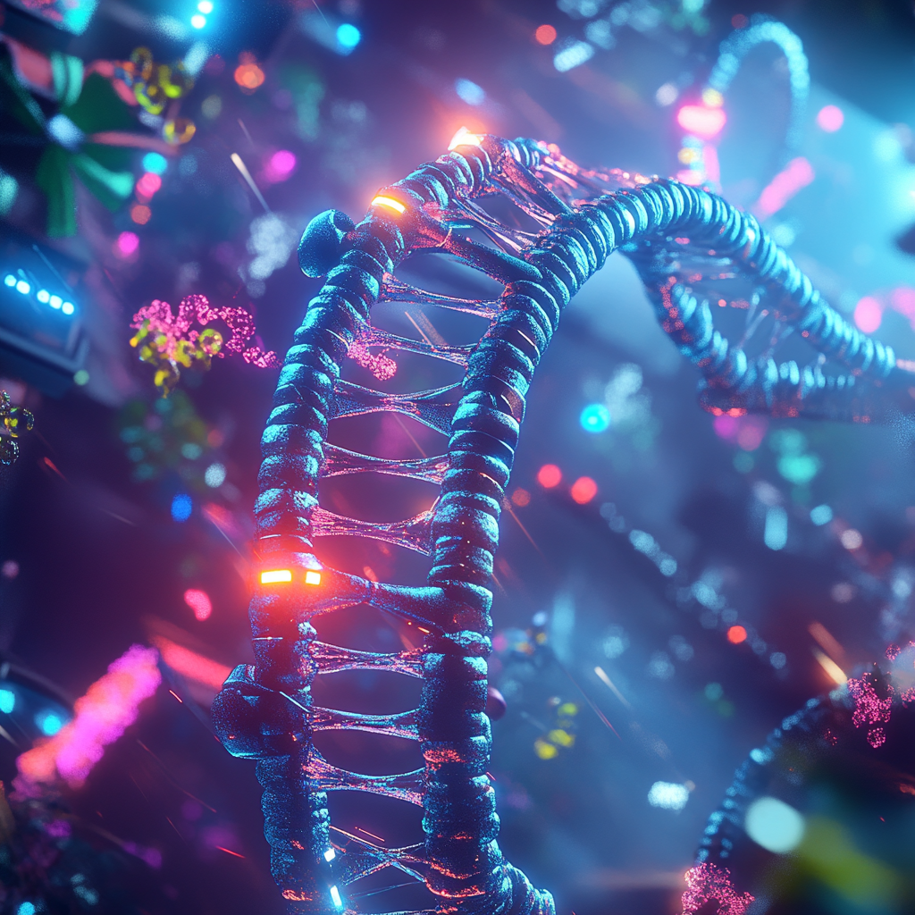 Futuristic lab setting with glowing single-stranded RNA helix.