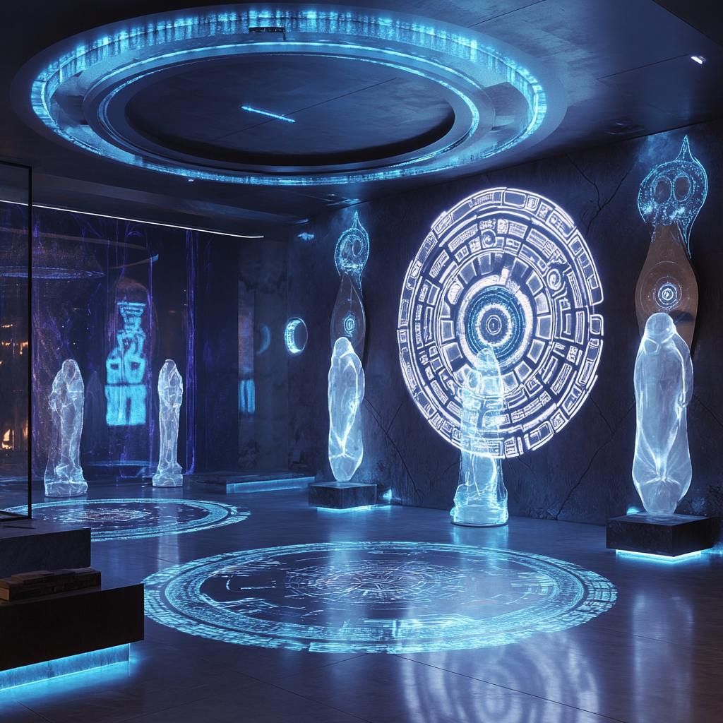 Futuristic laboratory with spiritual energy symbols, interactive totems.