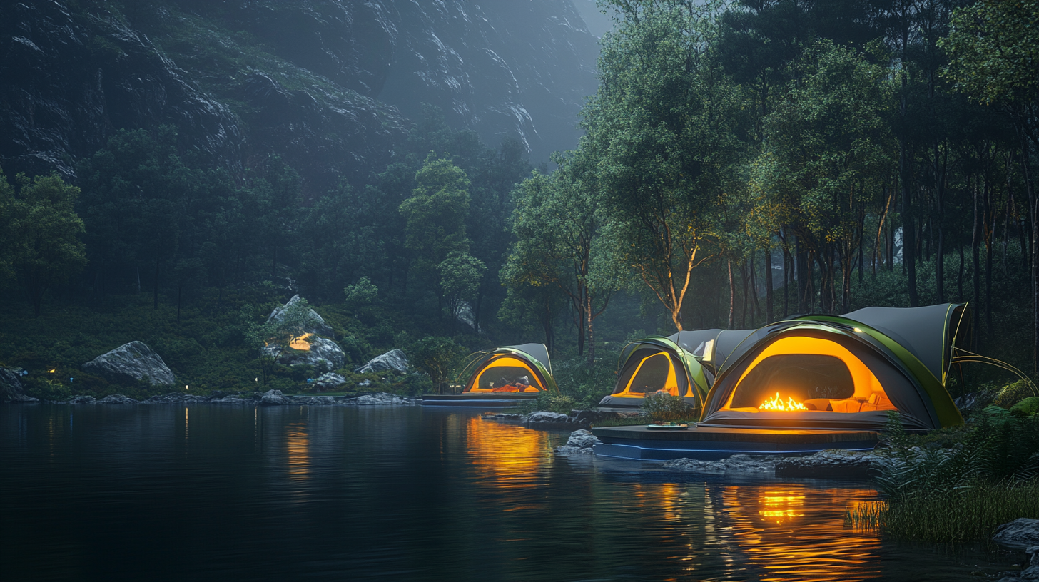 Futuristic lakeside campsite with holographic fire and tents