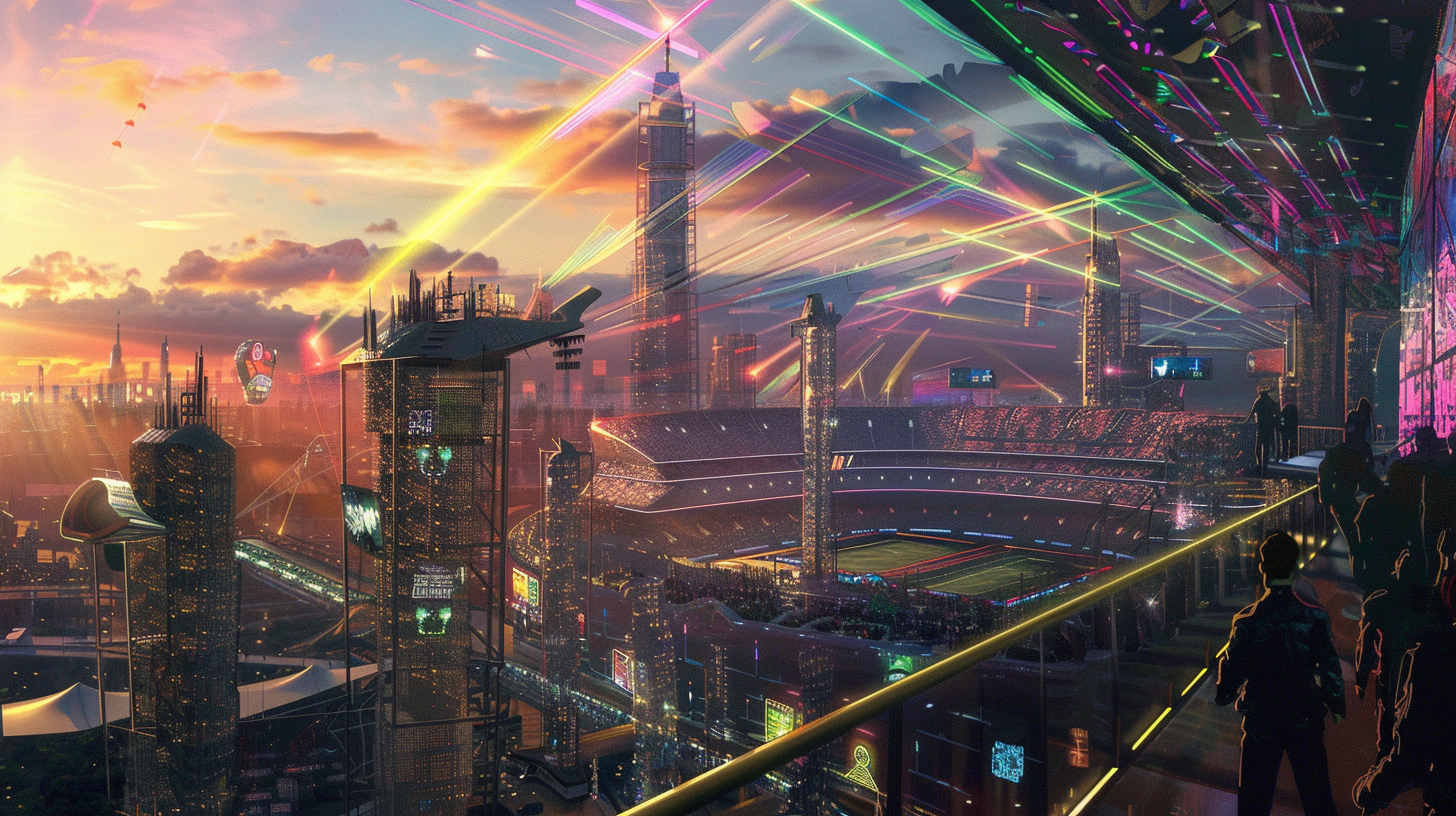 Futuristic landscape with vibrant buildings and electronic sports games.