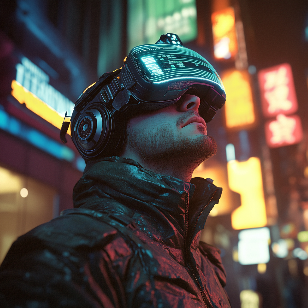 Futuristic man in VR helmet surrounded by neon.