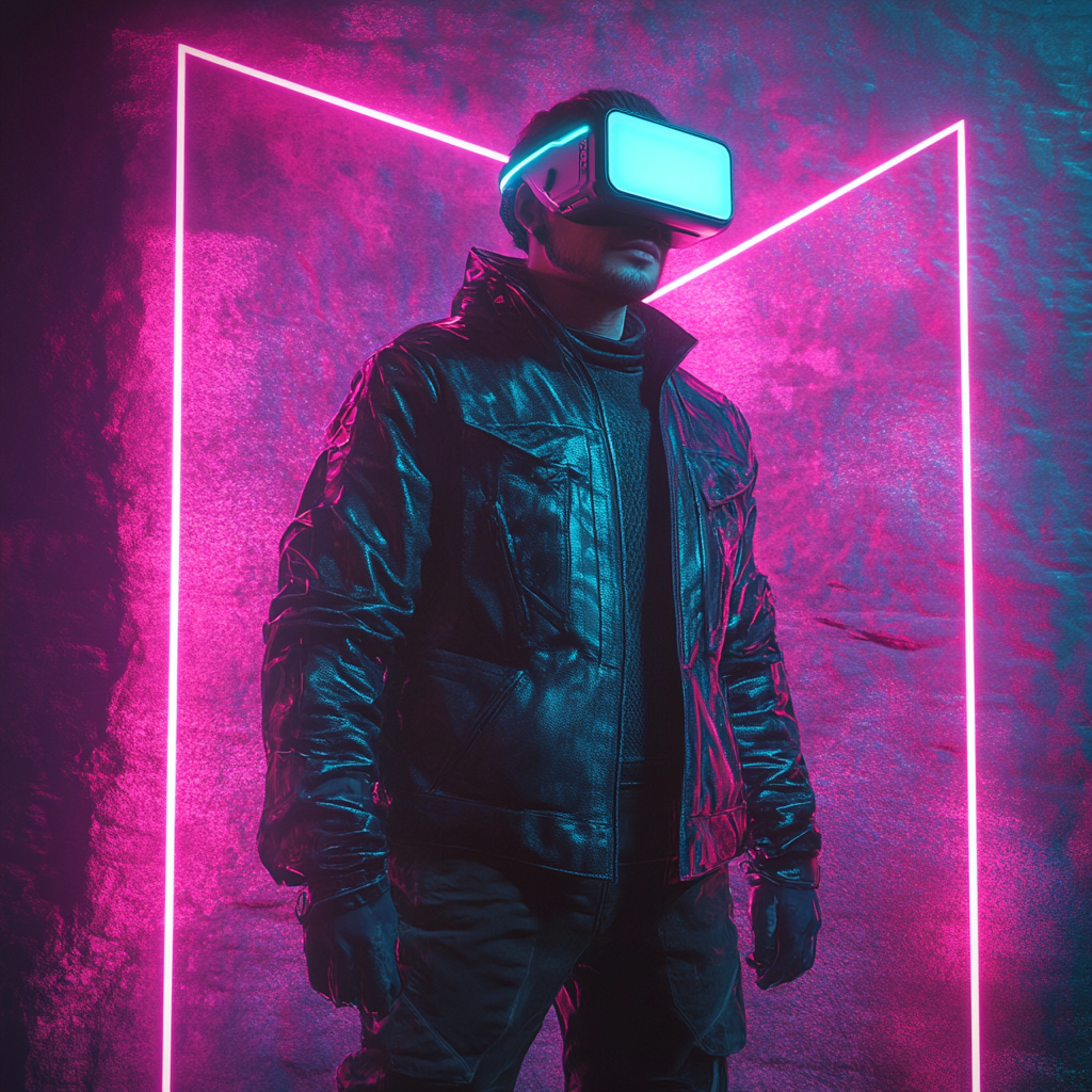 Futuristic man in virtual reality, surrounded by neon.