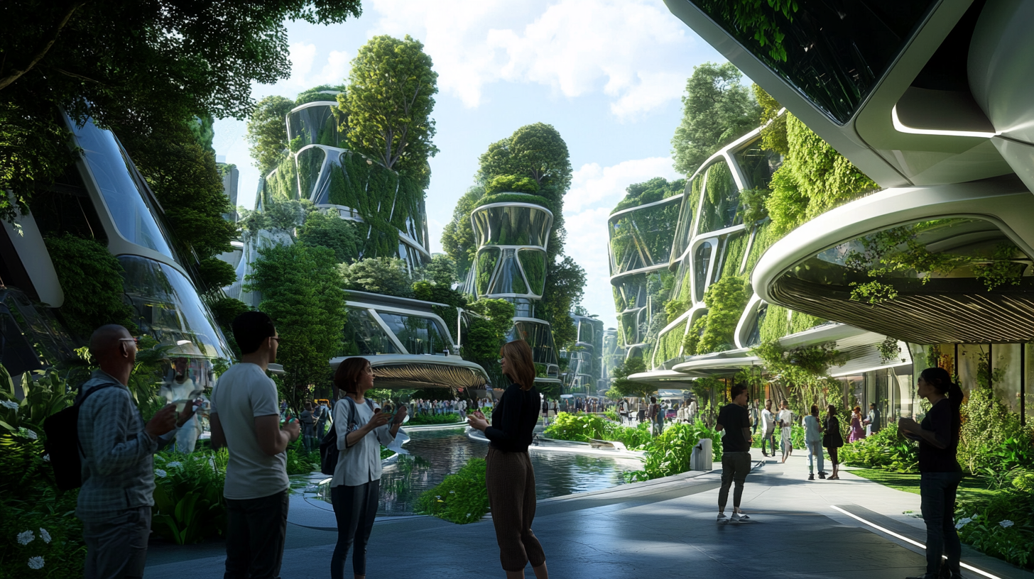 Futuristic nature city with eco-buildings and diverse communities.