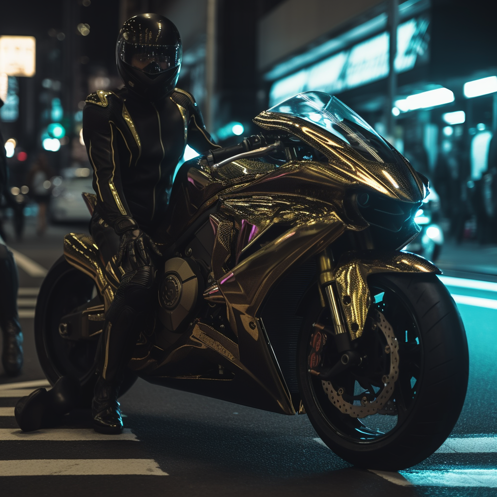 Futuristic neon motorcycle with gold armor body in Tokyo.