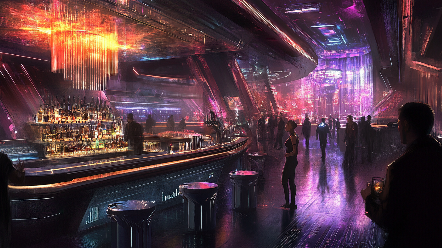 Futuristic night club with bar, dancers, seedy atmosphere.