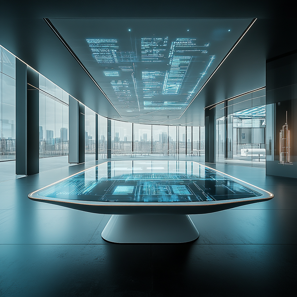 Futuristic office with digital screen and holographic data.