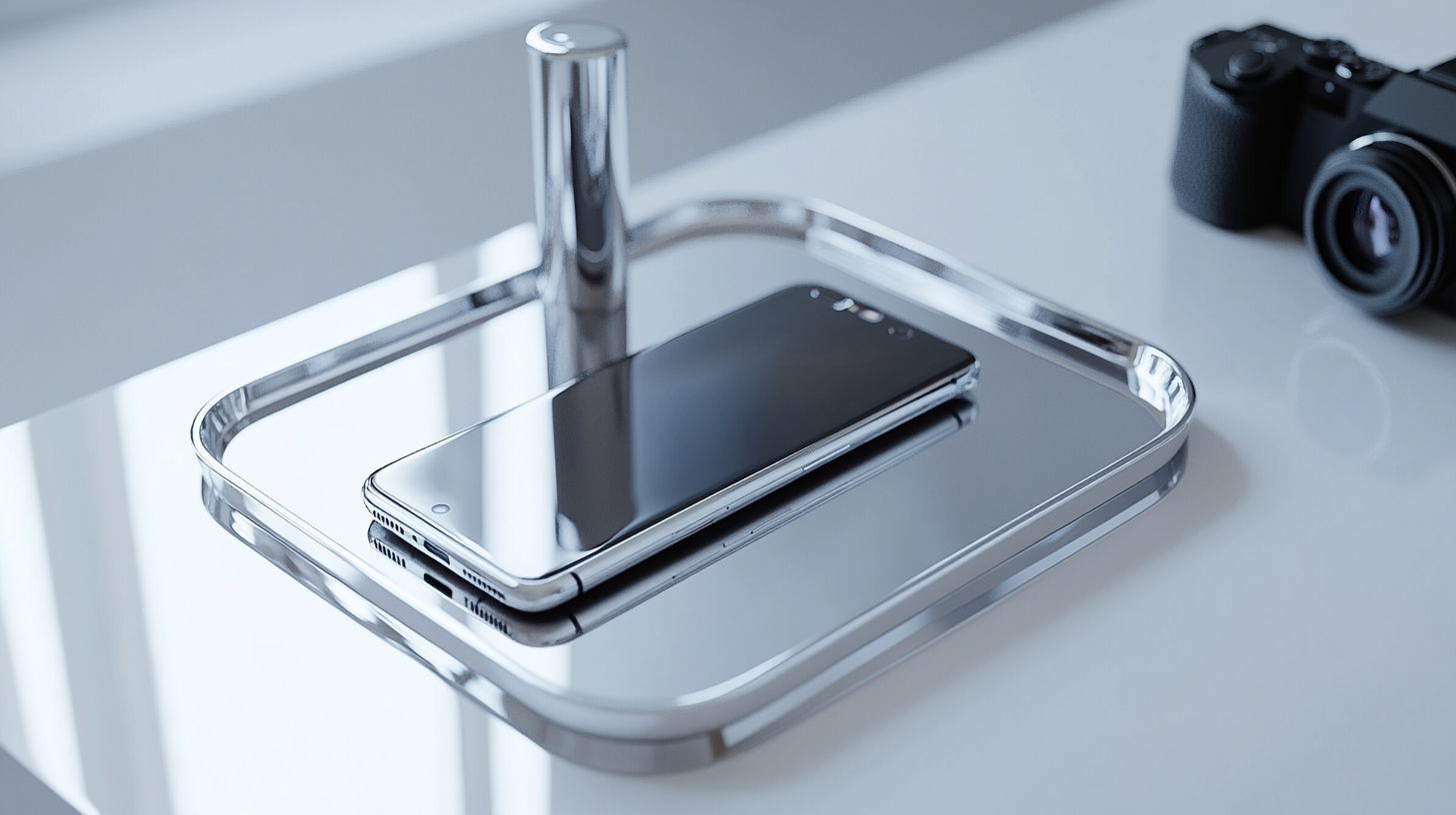 Futuristic phone and camera on silver tray