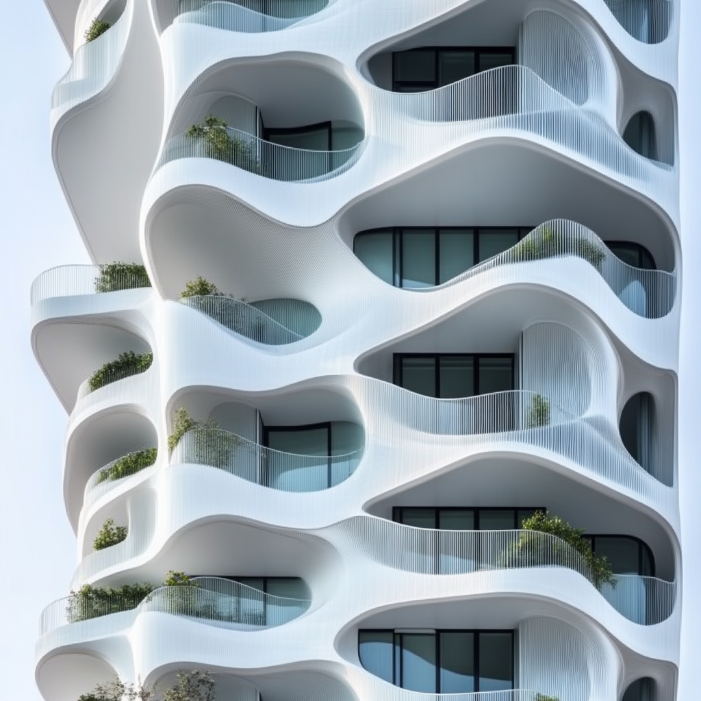 Futuristic rectangular building with organic-inspired white facade