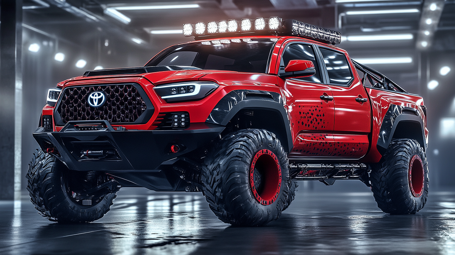 Futuristic red Toyota off-road truck in industrial garage