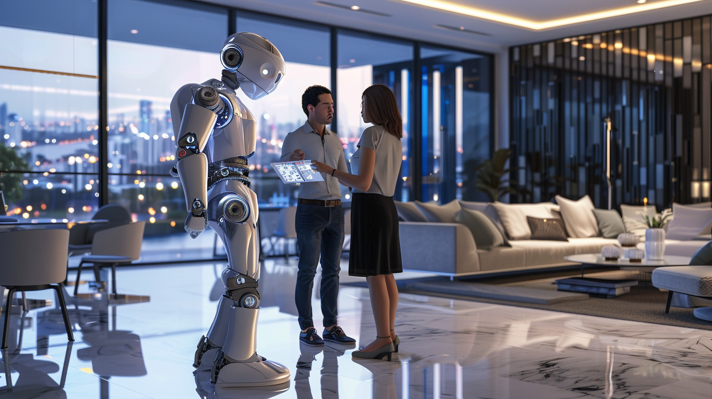 Futuristic robot helps couple choose luxury real estate.