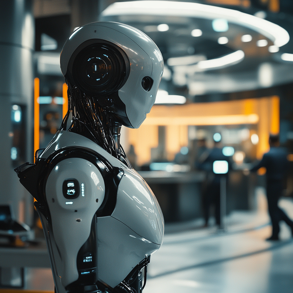 Futuristic robot outperforming human employees in sci-fi workplace.