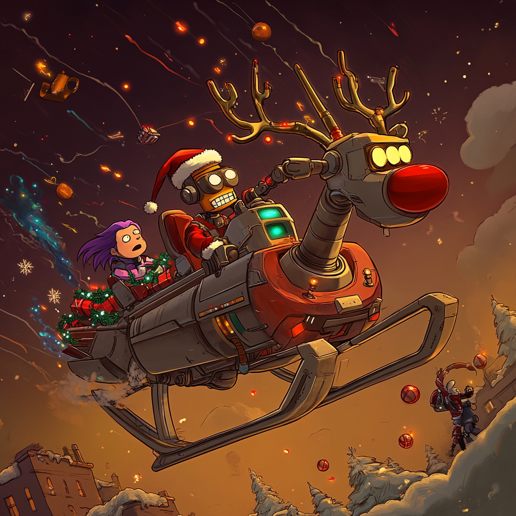 Futuristic robot reindeer pulls sleigh with Santa and alien.