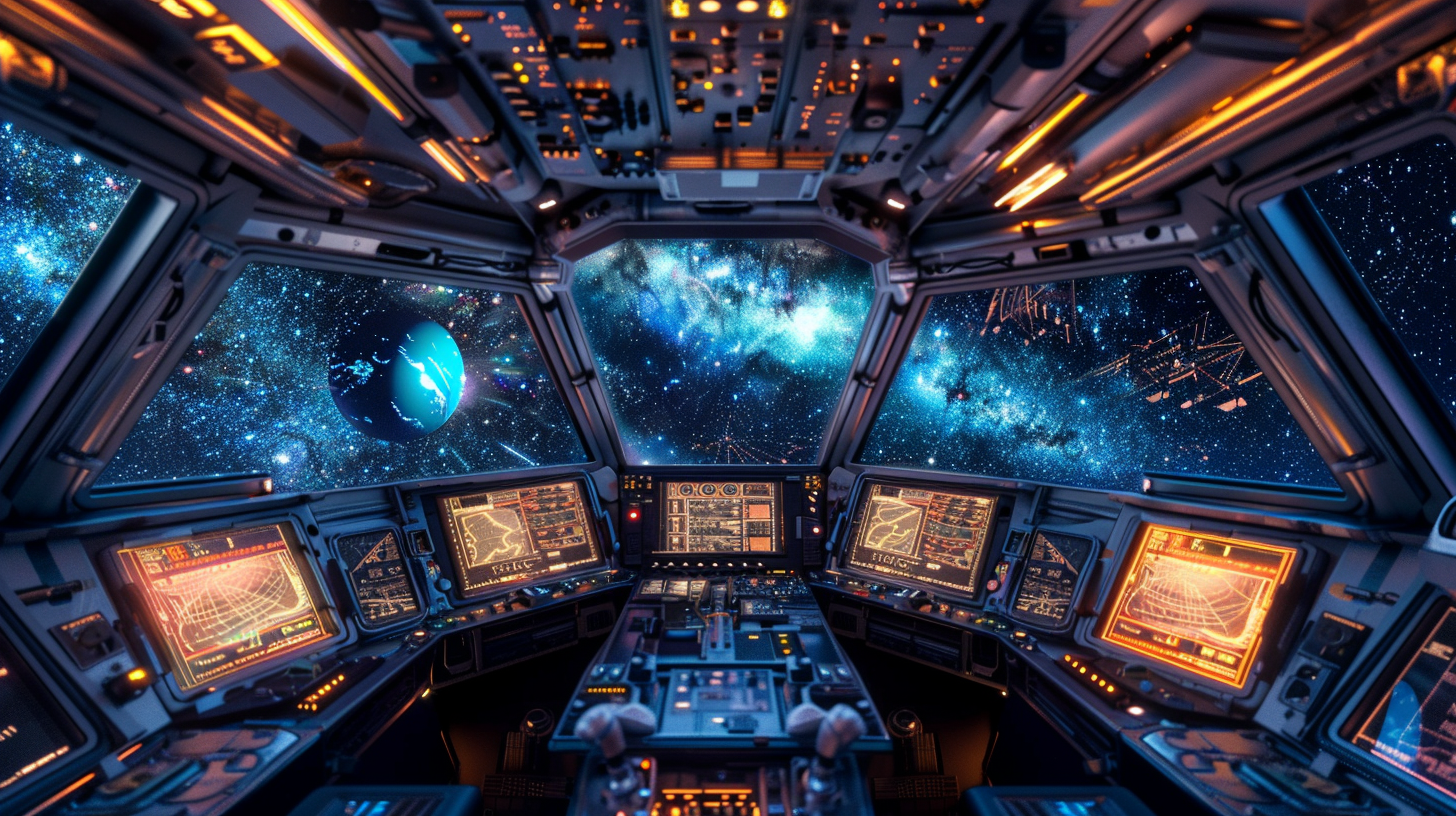 Futuristic spaceship cockpit with 3 big digital screens.