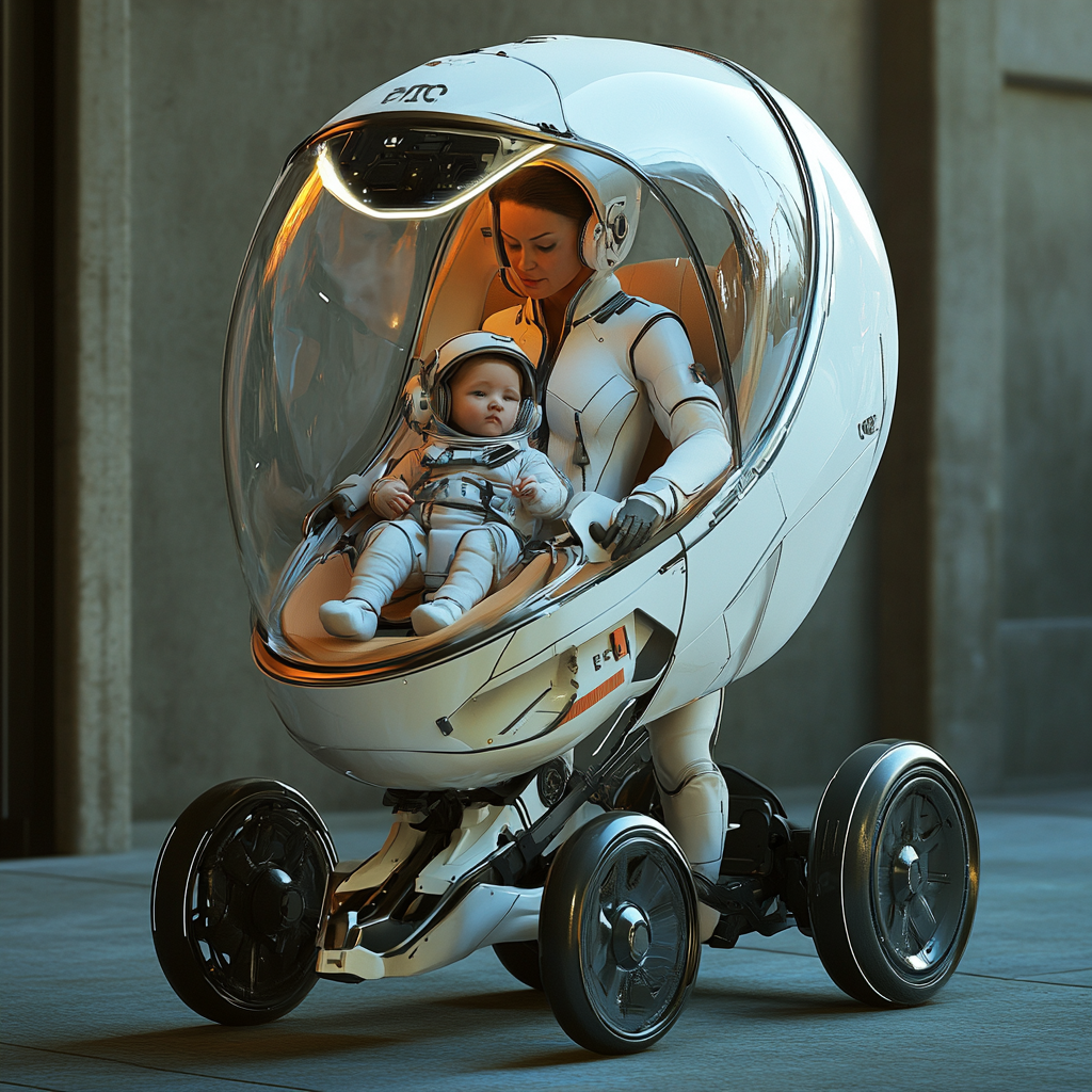 Futuristic stroller with armor, weapons, glass chamber, HVAC.