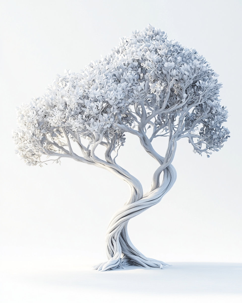 Futuristic surreal young tree with intricate details on white.