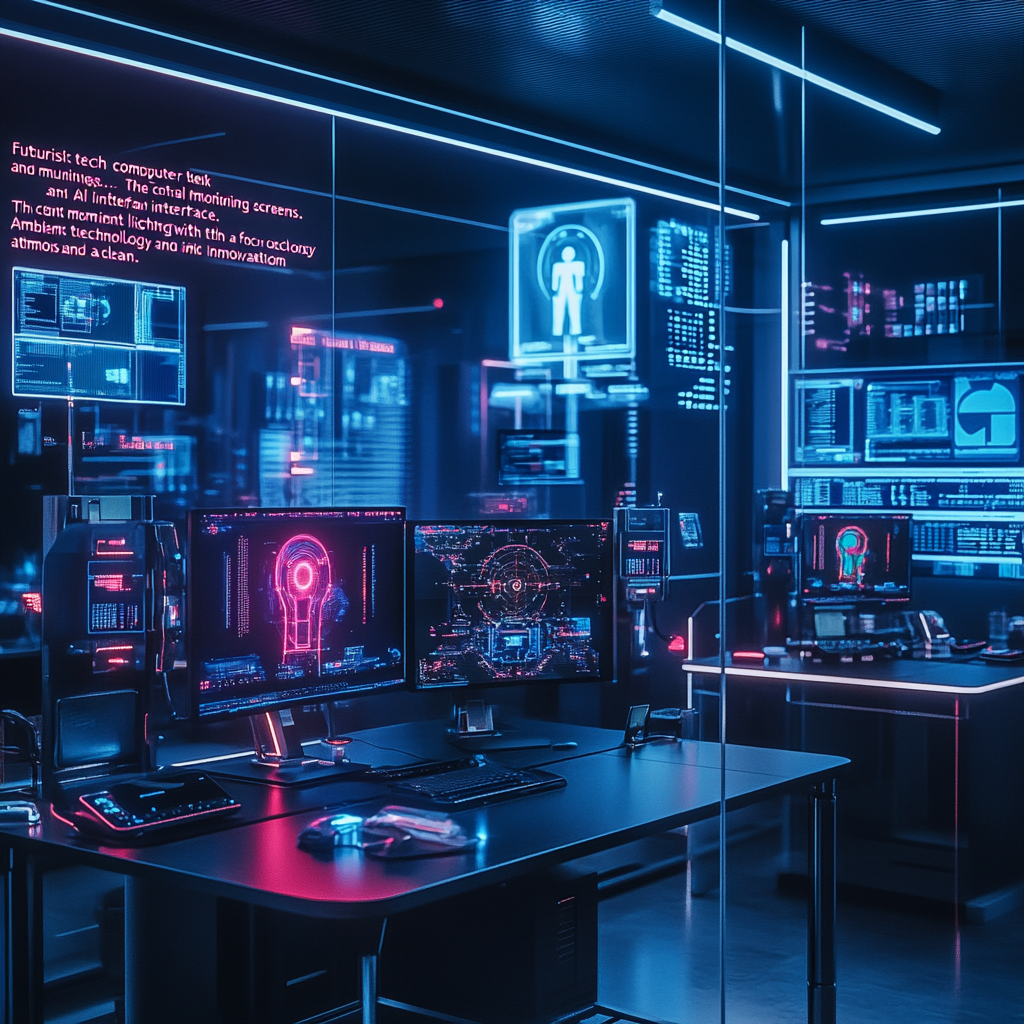 Futuristic tech lab with AI interface and glowing screens 