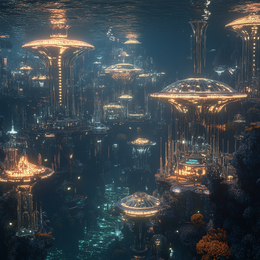 Futuristic underwater city with transparent domes, coral reefs, symbols.