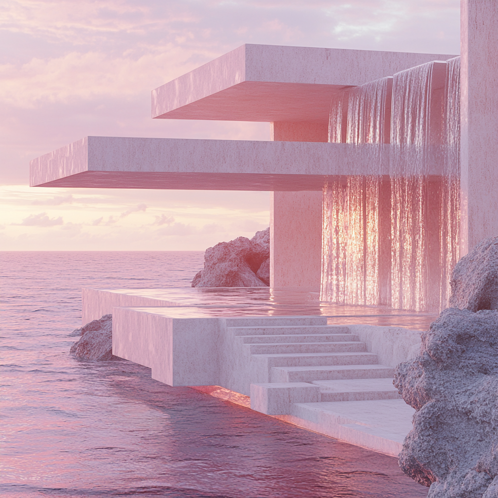 Futuristic version of Kaufmann House in lunar setting. Sunset.