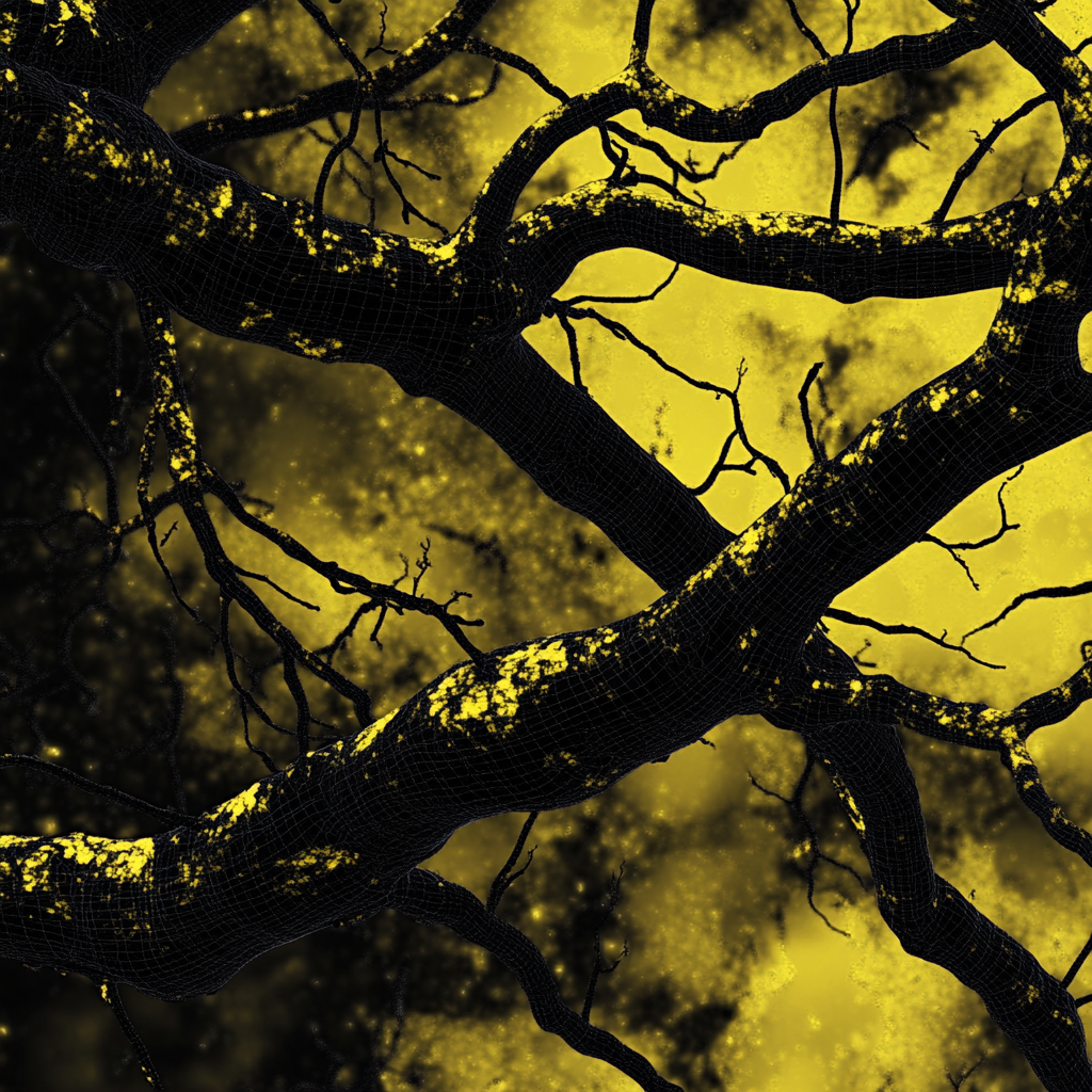 Futuristic wireframe tree branch on yellow and black background.