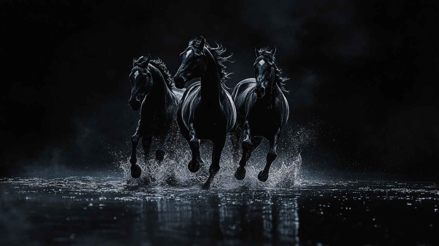 Galloping horses in dark, dreamy, mysterious atmosphere, intense strength.