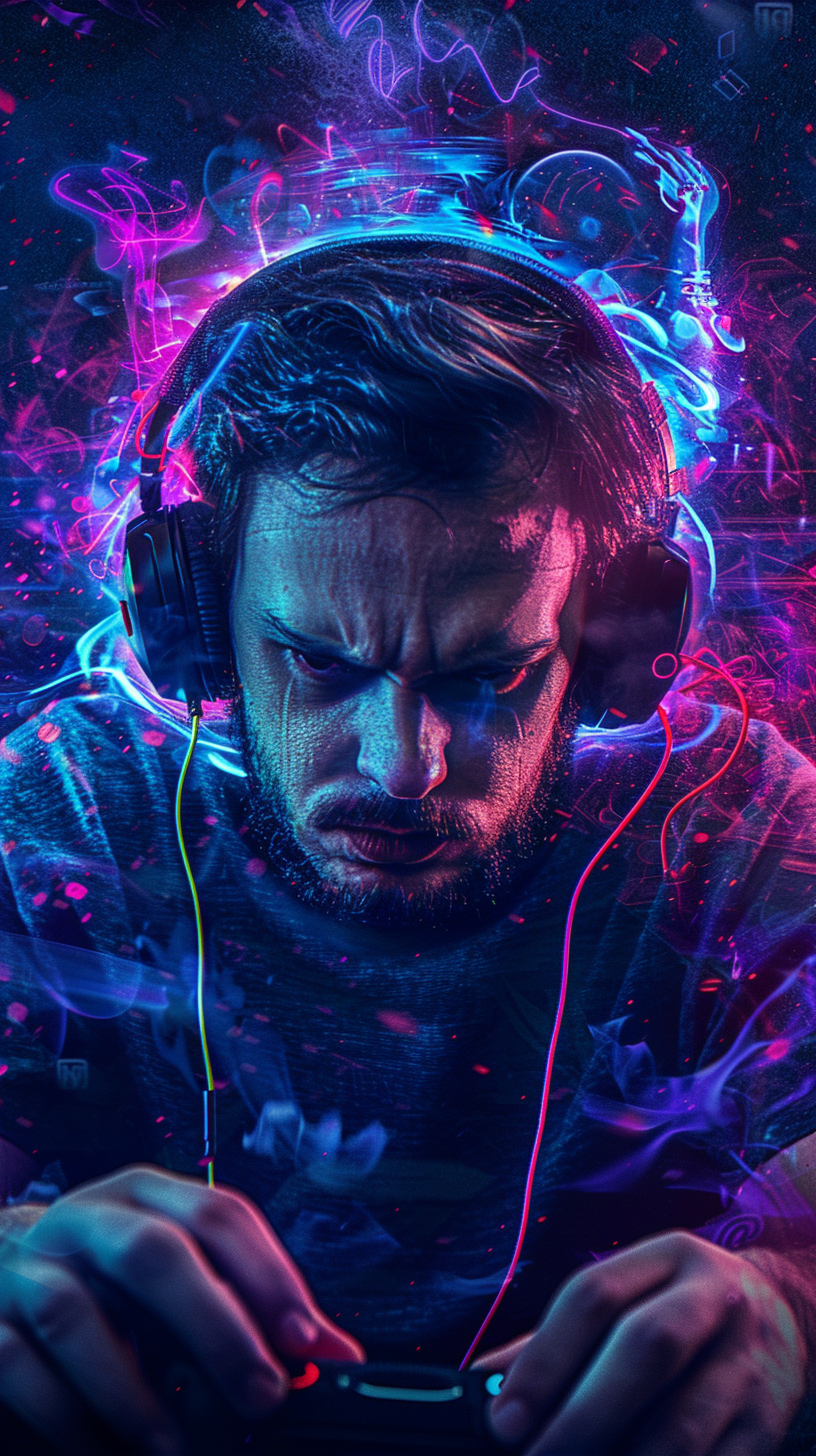 Gamer intensely focused, glowing aura, detailed textures, cinematic lighting.