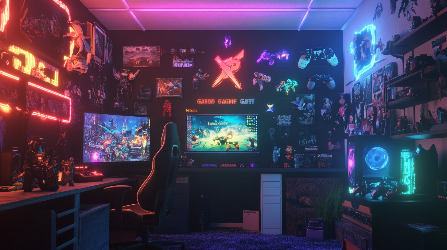 Gaming room filled with toys and gaming references.