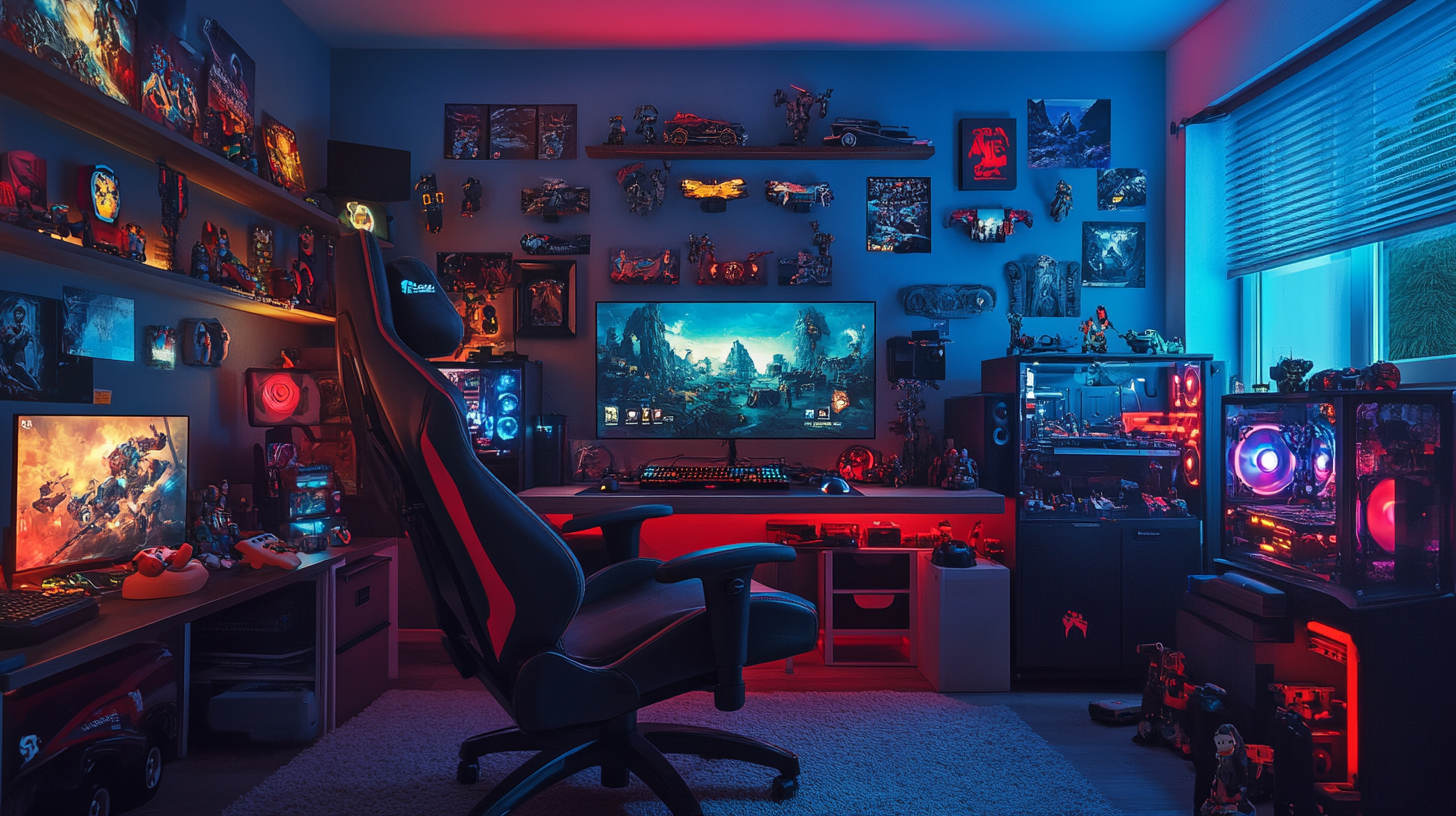 Gaming room with RGB lighting, wall filled with toys.