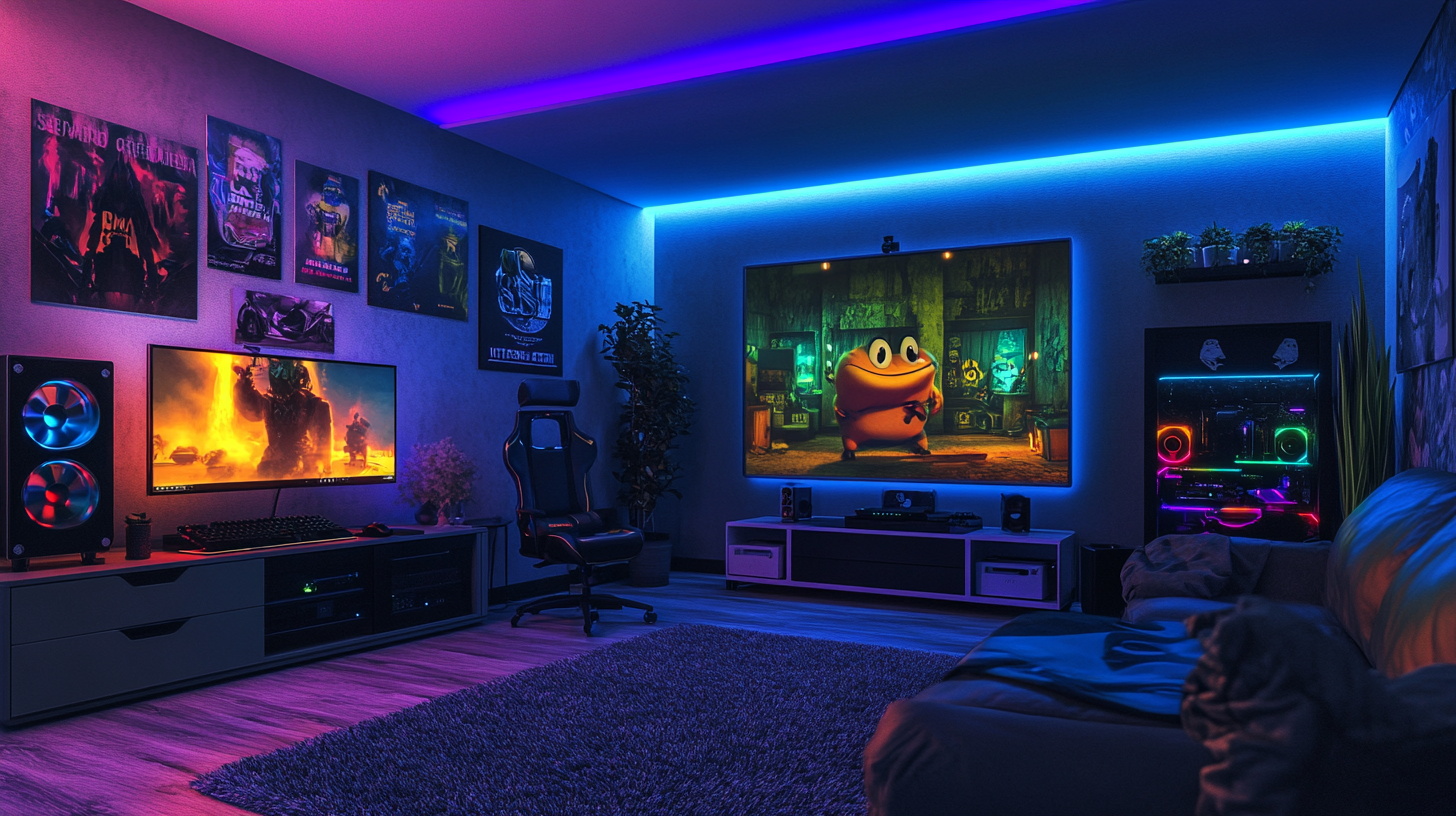 Gaming room with RGB lights, gaming decorations, cinematic.