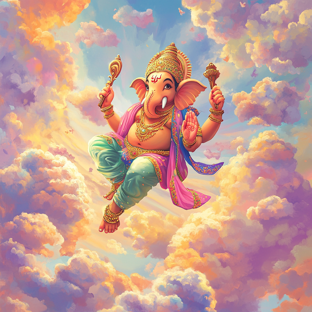 Ganesh flying in colorful, traditional Indian art style.