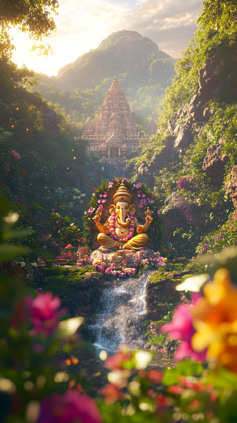 Ganesh idol in lush valley, Indian celebration at dawn.