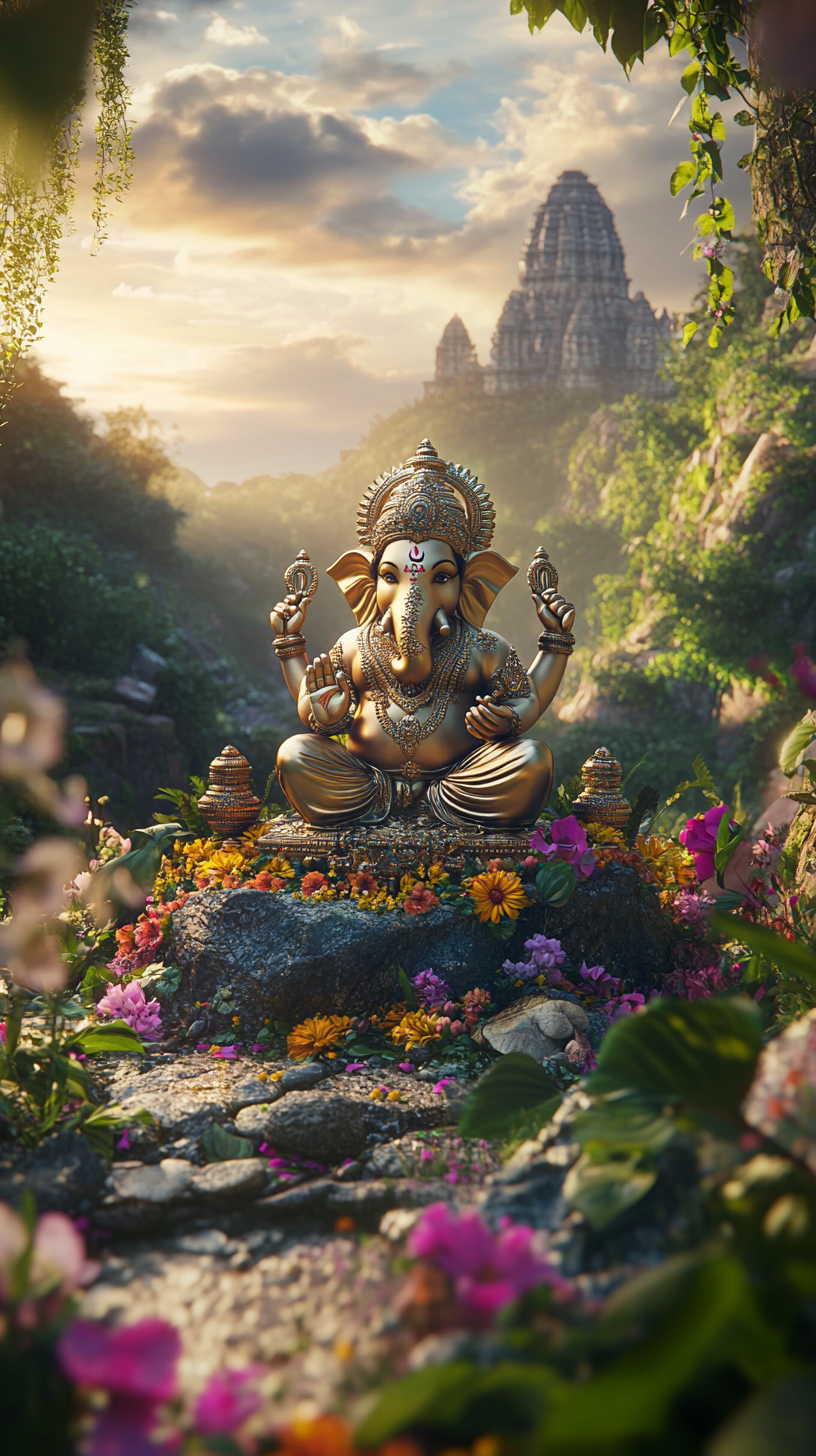 Ganesh idol on rock in lush valley, Indian celebration.