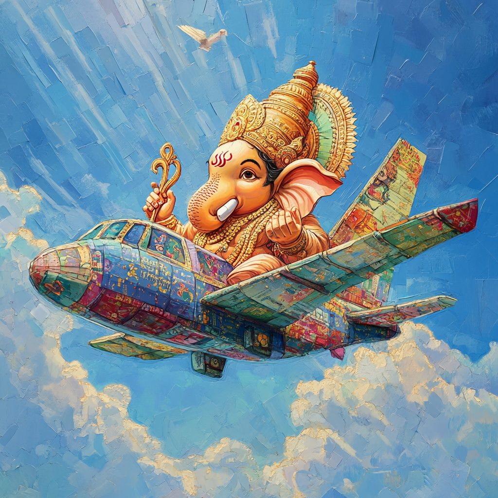 Ganesh on passport airplane, whimsical, playful, vibrant, sky.