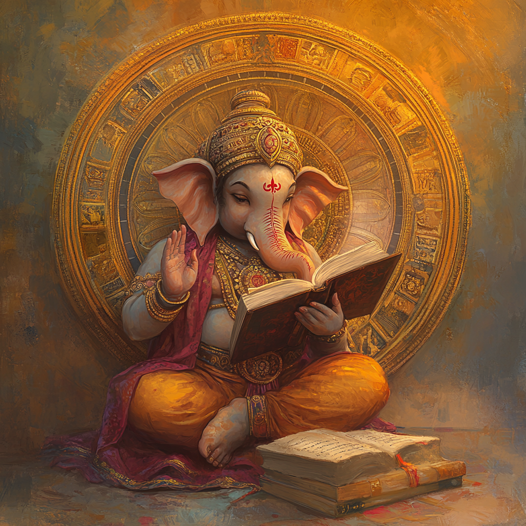 Ganesha Holding Open Book Next to Mandala Clock