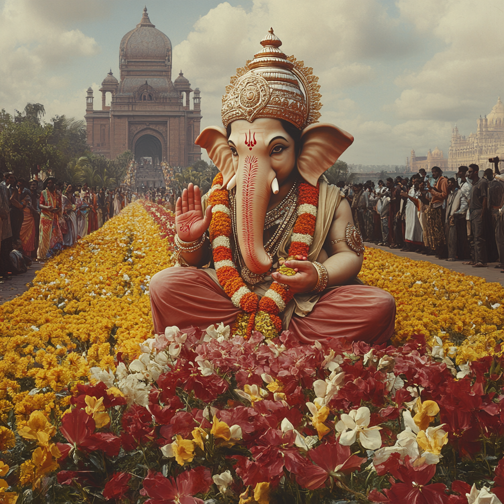 Ganesha adorned with jewels, Taj Mumbai background, flower-lined avenue.