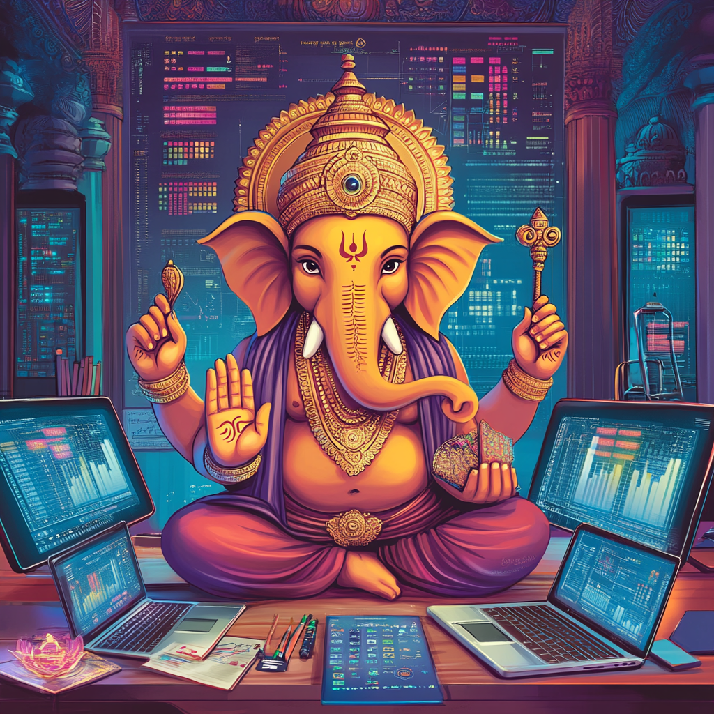 Ganesha analyzing digital marketing data in vibrant workspace.