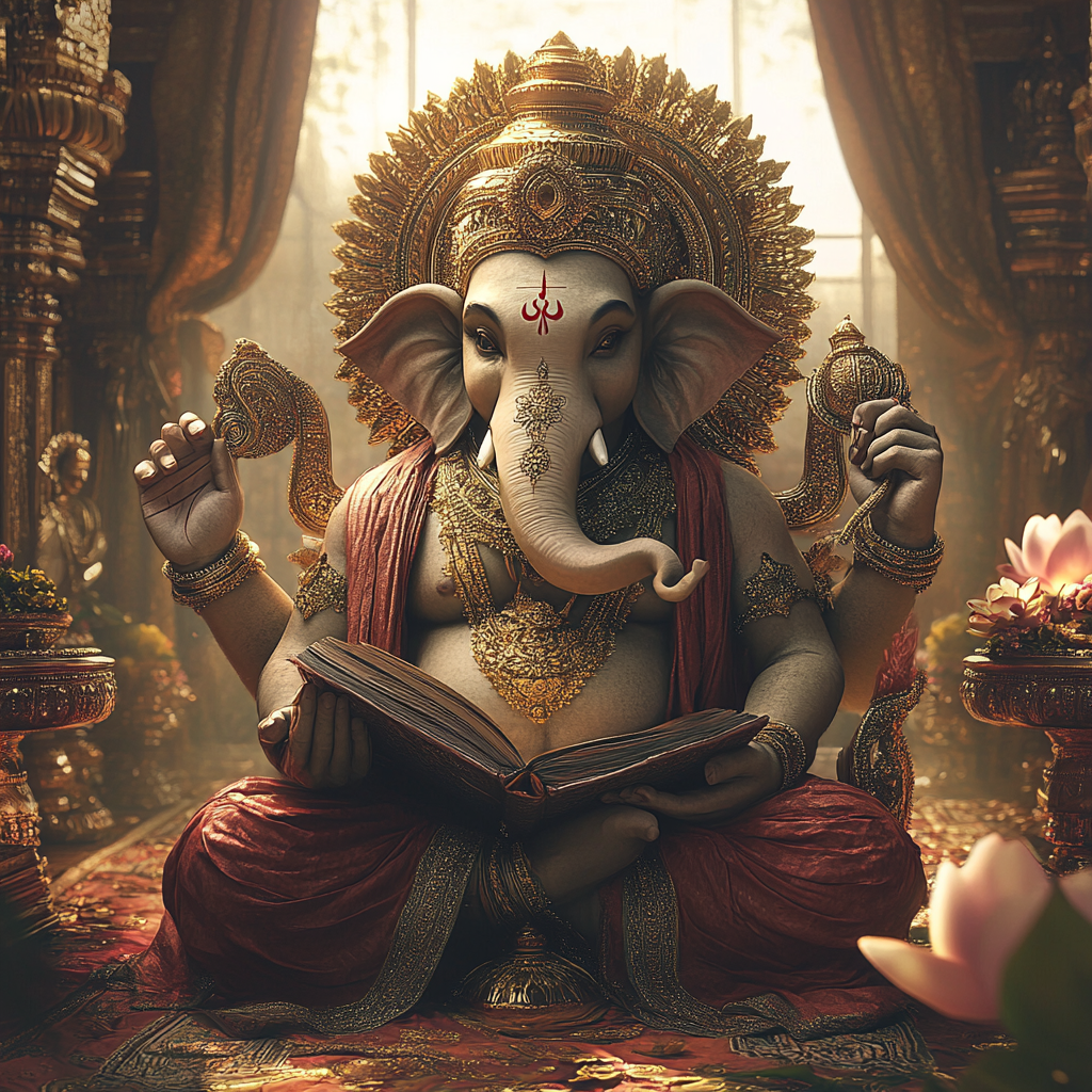 Ganesha in padamasan, 4 hands holding lotus, book.